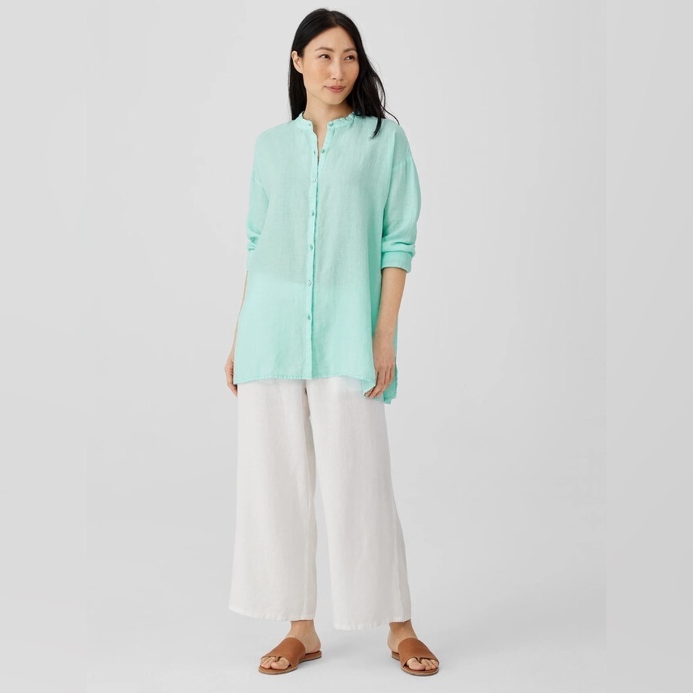 Eileen Fisher Organic Linen Tunic Caribbean Aqua Long Sleeve Excellent Size S